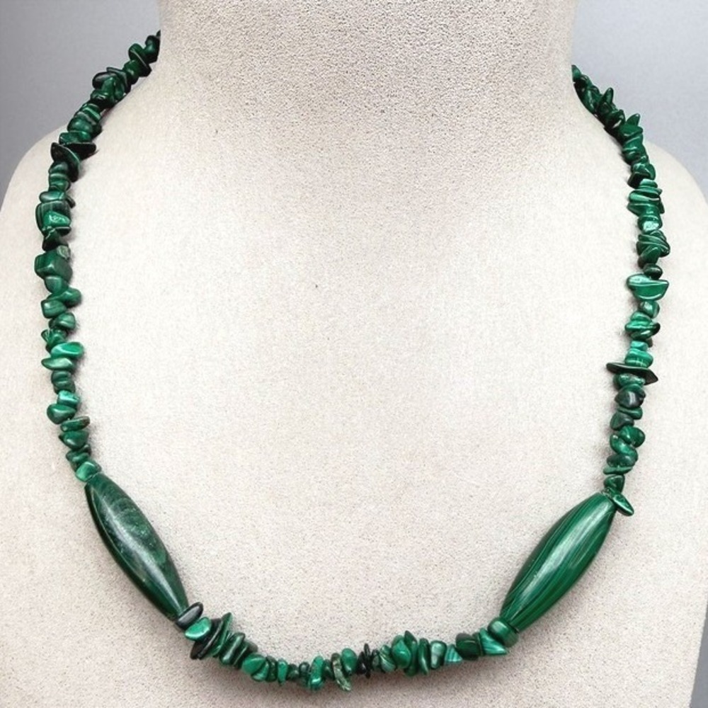 Vintage Handmade Malachite Bead Necklace Silver Tone 19.5" Bohemian